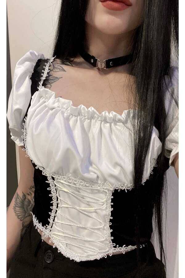 Lolita Harajuku Victorian Medieval Style Korseli Bağcıklı Siyah Bluz - 4