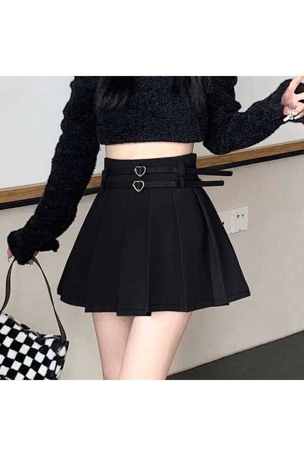 Lolita Harajuku Y2K Kalp Kemerli Pileli Etek - 4