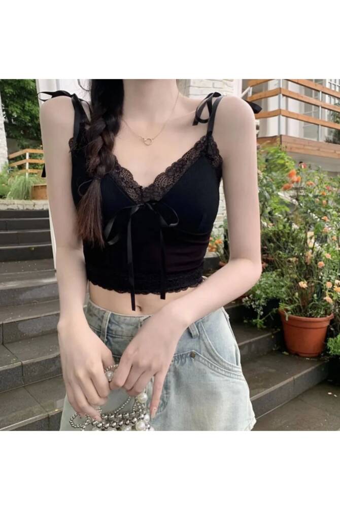 Lolita Y2k Harajuku Askıları Bağcıklı, Fiyonklu, Dantelli, Askılı Crop - 8