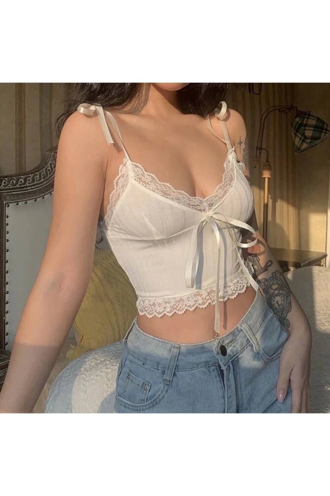 Lolita Y2k Harajuku Askıları Bağcıklı, Fiyonklu, Dantelli, Askılı Crop - 5