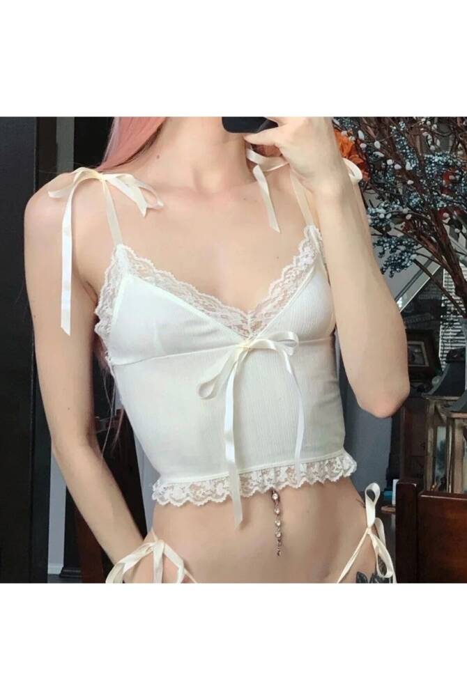 Lolita Y2k Harajuku Askıları Bağcıklı, Fiyonklu, Dantelli, Askılı Crop - 4