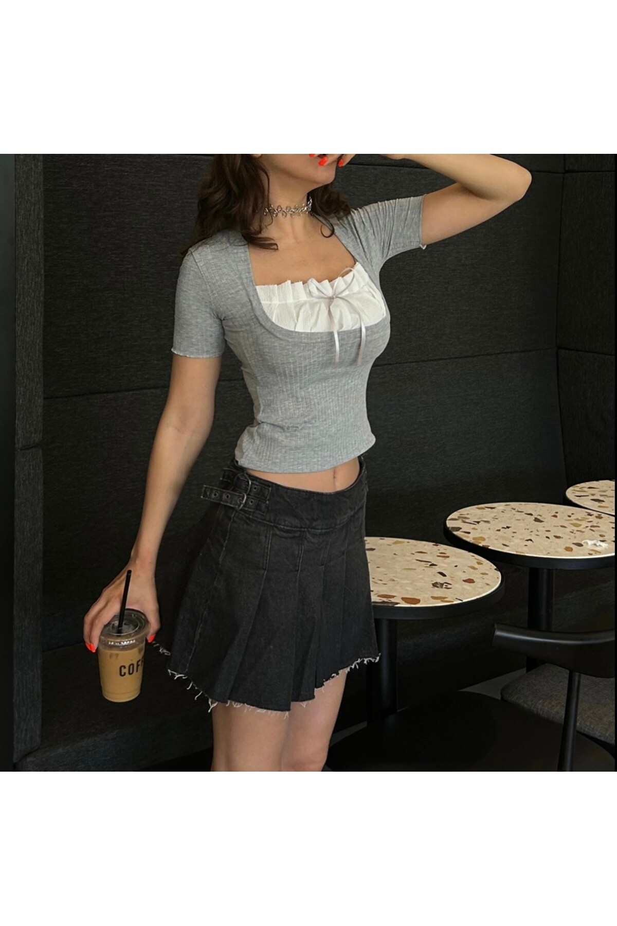 Lolita Y2K Harajuku Gri Dantel Kurdele Yaka Kısa Kollu Bluz - 2