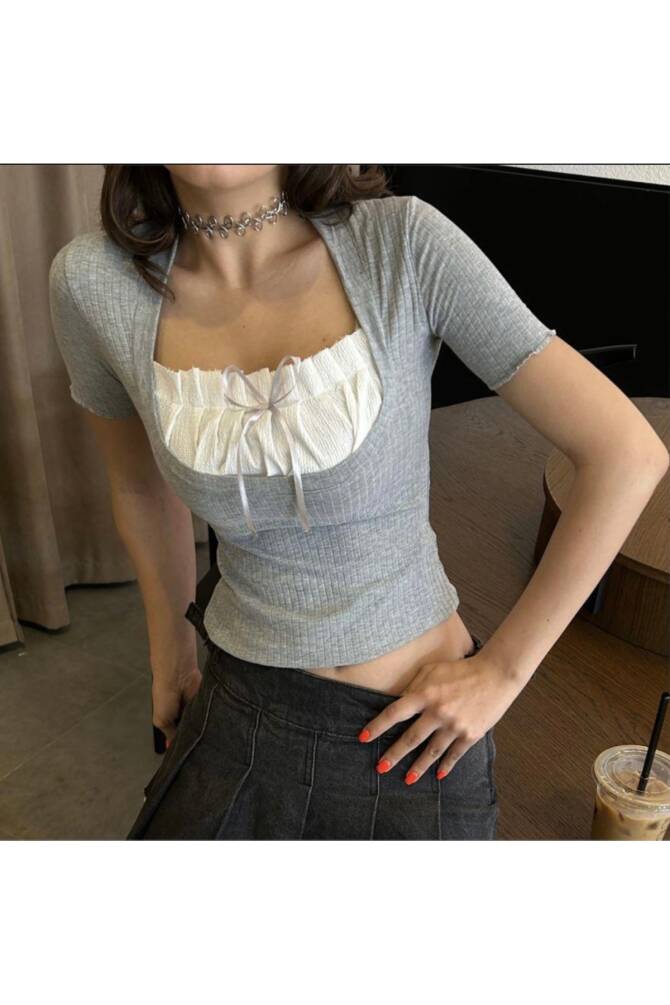 Lolita Y2K Harajuku Gri Dantel Kurdele Yaka Kısa Kollu Bluz - 6
