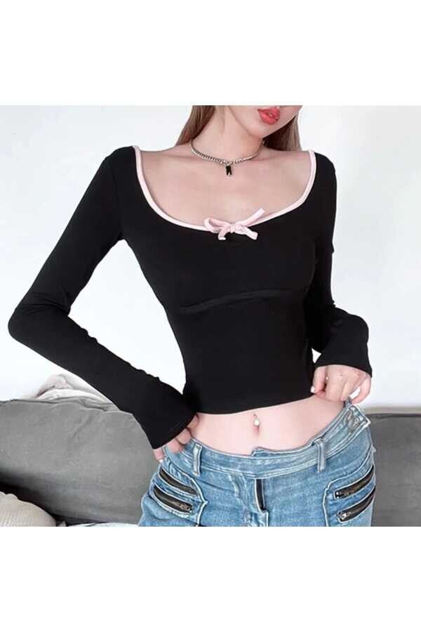 Lolita Y2K Harajuku Pembe Fiyonk Detay Sırtı Bağcıklı Crop Bluz - 20
