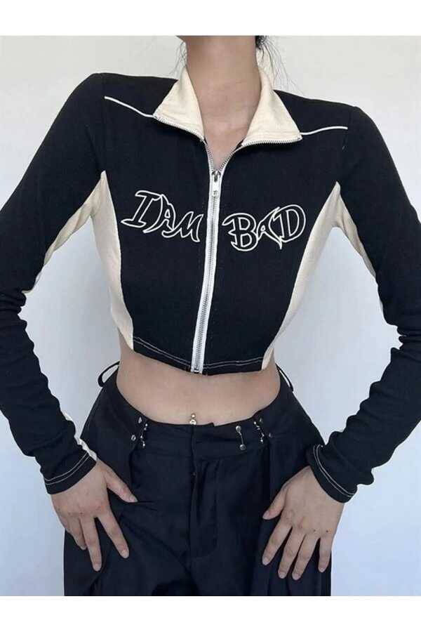 Retro Vintage Y2K I Am Bad Fermuarlı Crop Ceket - 10