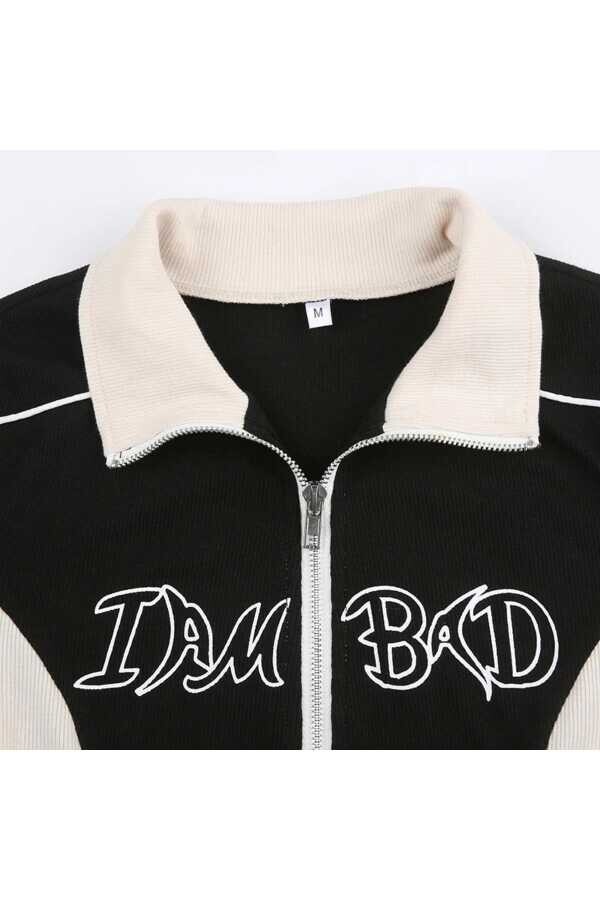 Retro Vintage Y2K I Am Bad Fermuarlı Crop Ceket - 8