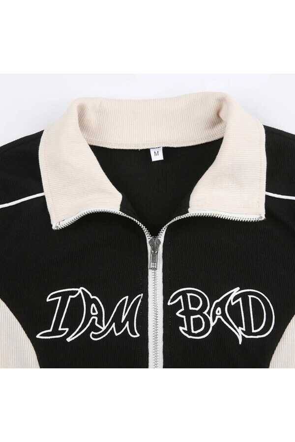 Retro Vintage Y2K I Am Bad Fermuarlı Crop Ceket - 8