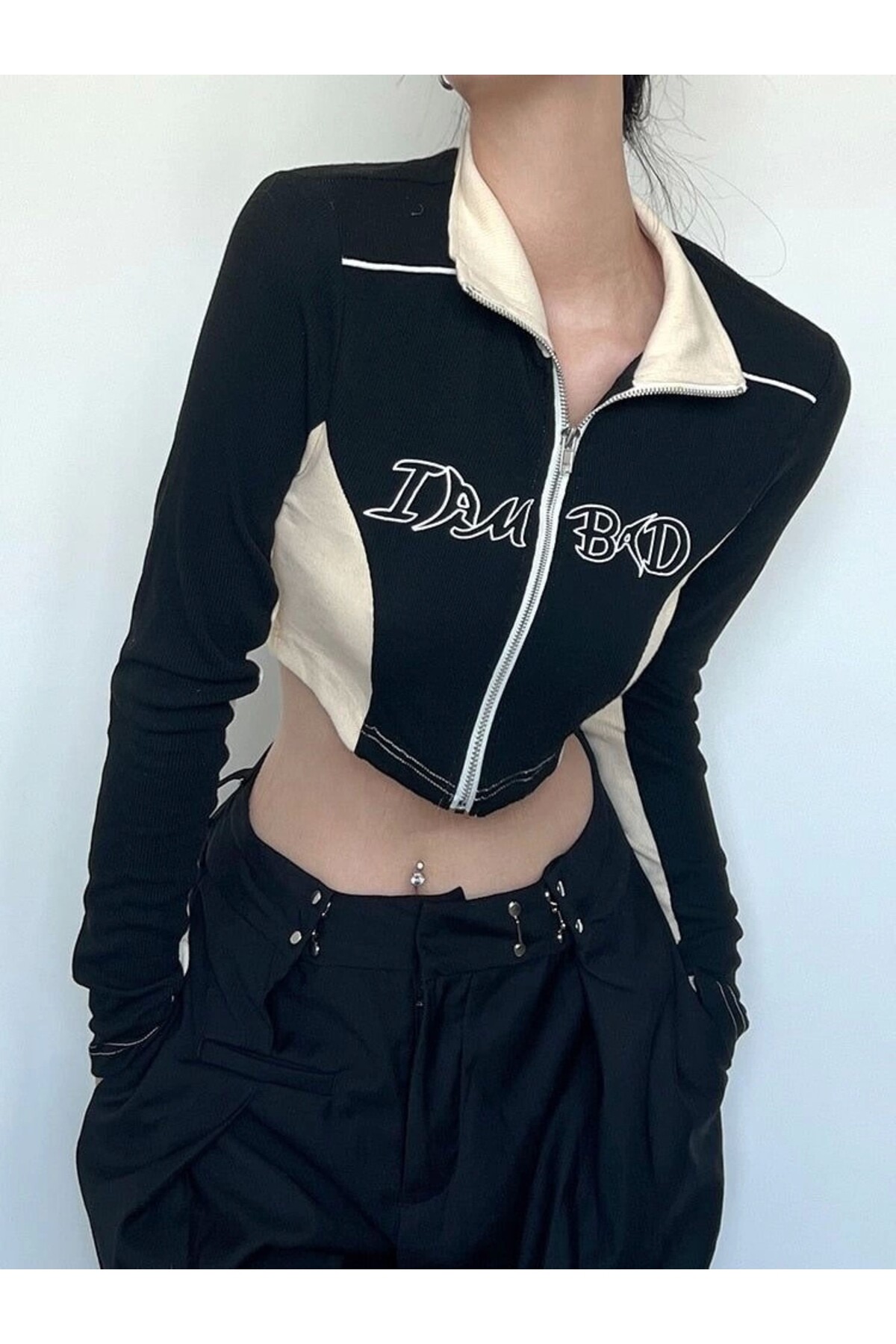 Retro Vintage Y2K I Am Bad Fermuarlı Crop Ceket - 3