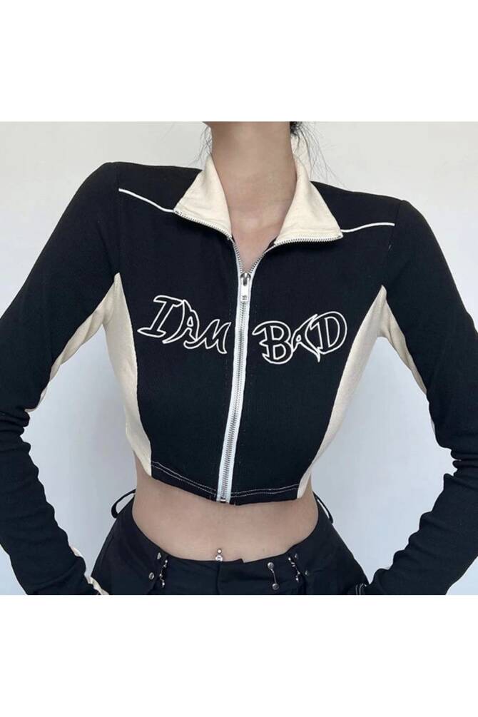 Retro Vintage Y2K I Am Bad Fermuarlı Crop Ceket - 5