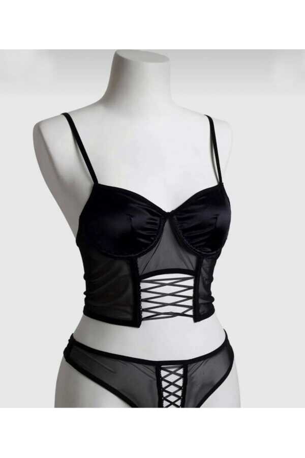 Saten Bağcıklı Transparan Korse Büstiyer ve String Takım - 24