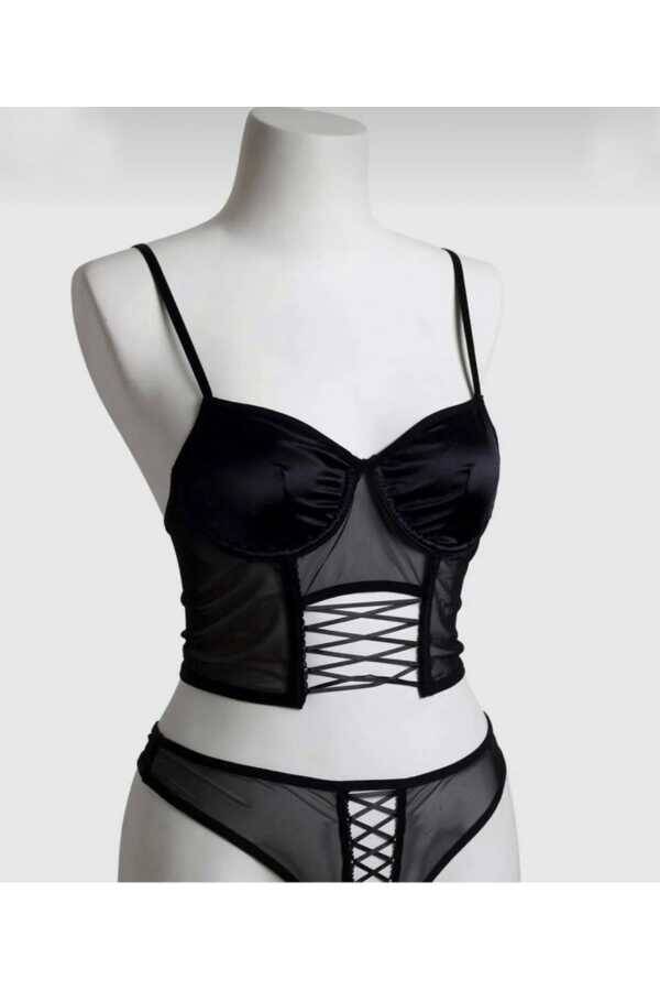 Saten Bağcıklı Transparan Korse Büstiyer ve String Takım - 24
