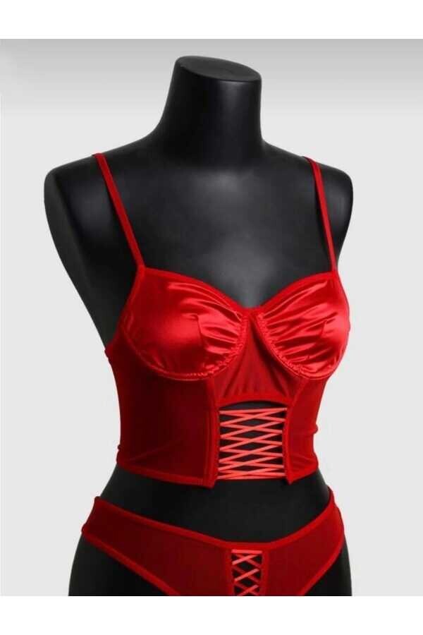 Saten Bağcıklı Transparan Korse Büstiyer ve String Takım - 11
