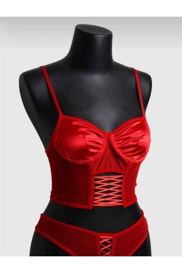 Saten Bağcıklı Transparan Korse Büstiyer ve String Takım - 11