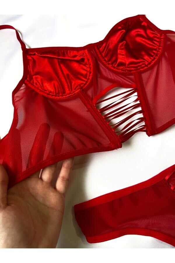 Saten Bağcıklı Transparan Korse Büstiyer ve String Takım - 5