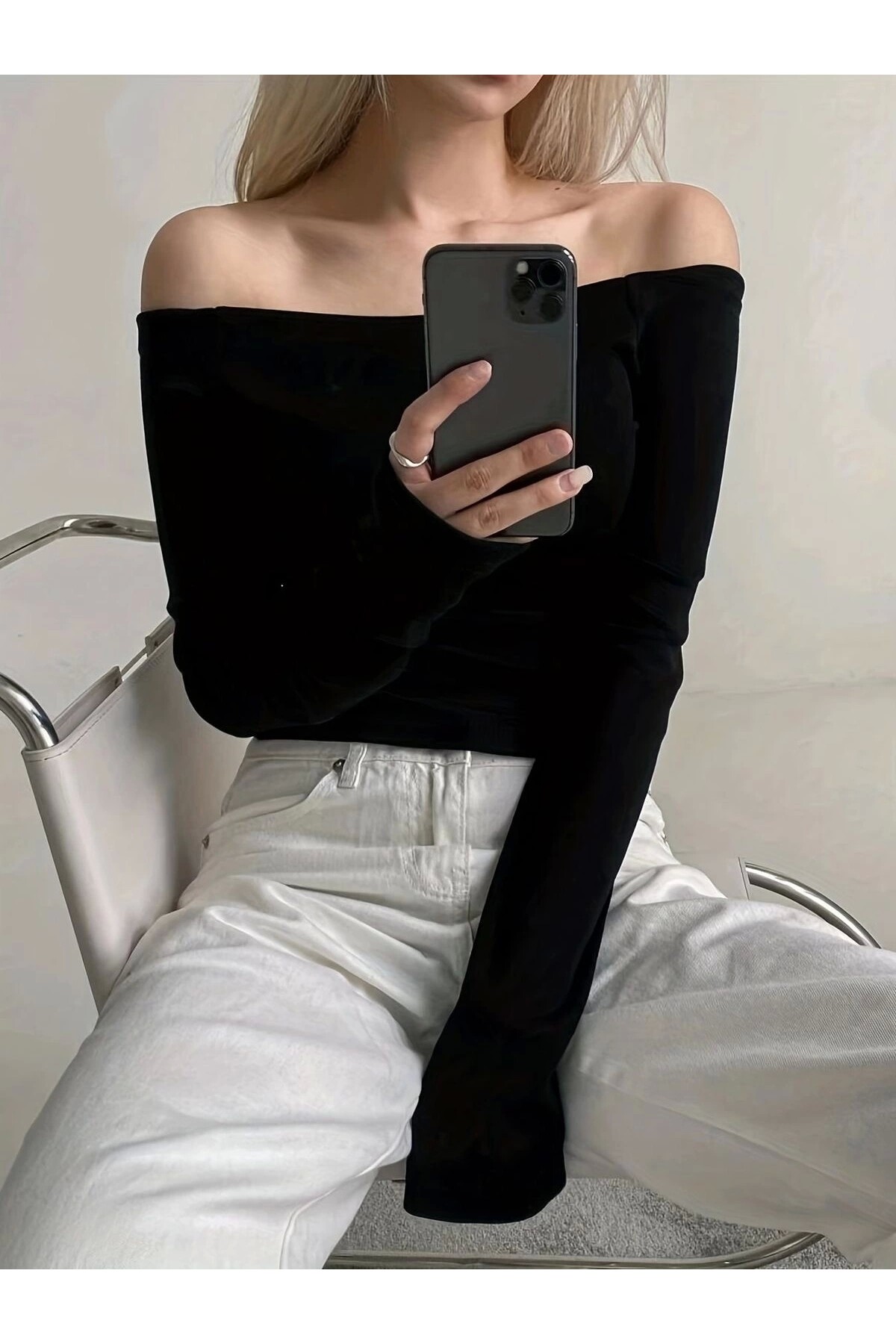 Siyah Basic Omzu Açık Bluz (%100 Pamuk) - 2