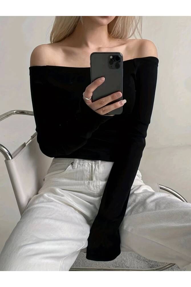 Siyah Basic Omzu Açık Bluz (%100 Pamuk) - 2