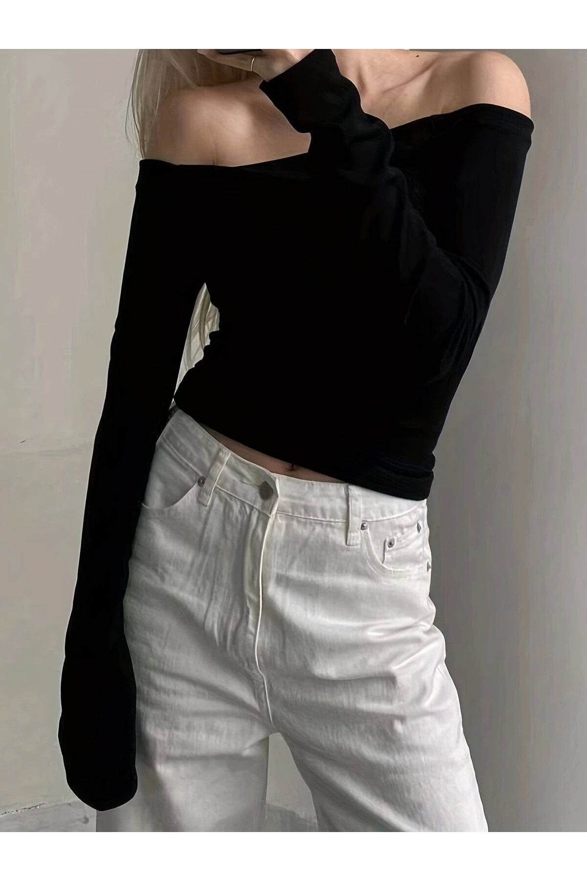 Siyah Basic Omzu Açık Bluz (%100 Pamuk) - 3