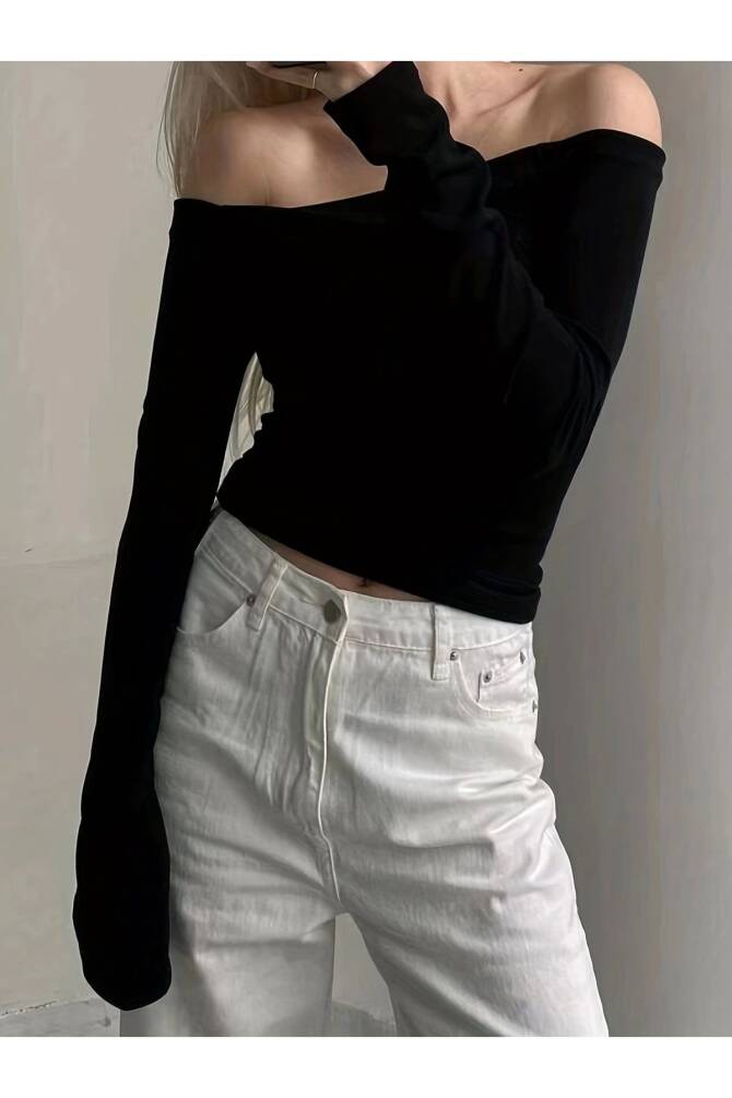 Siyah Basic Omzu Açık Bluz (%100 Pamuk) - 3