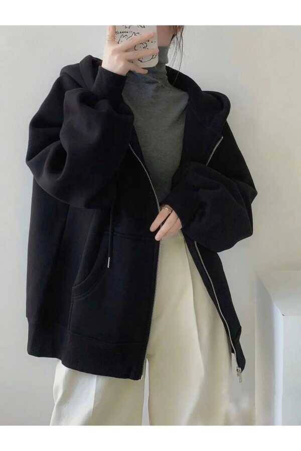 Streetwear Harajuku Oversize (unisex) Siyah Fermuarlı Kapüşonlu Ceket - 2