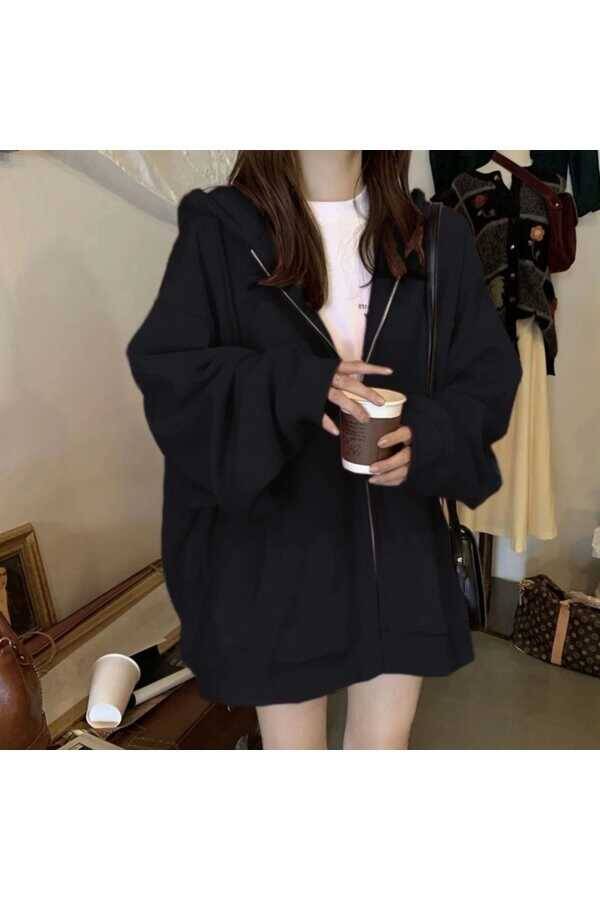 Streetwear Harajuku Oversize (unisex) Siyah Fermuarlı Kapüşonlu Ceket - 3