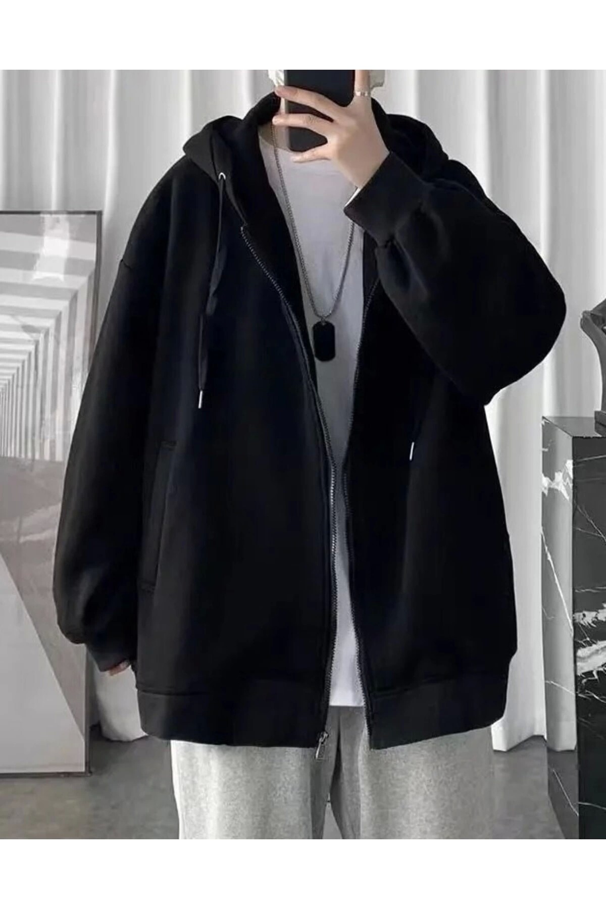Streetwear Harajuku Oversize (unisex) Siyah Fermuarlı Kapüşonlu Ceket - 10