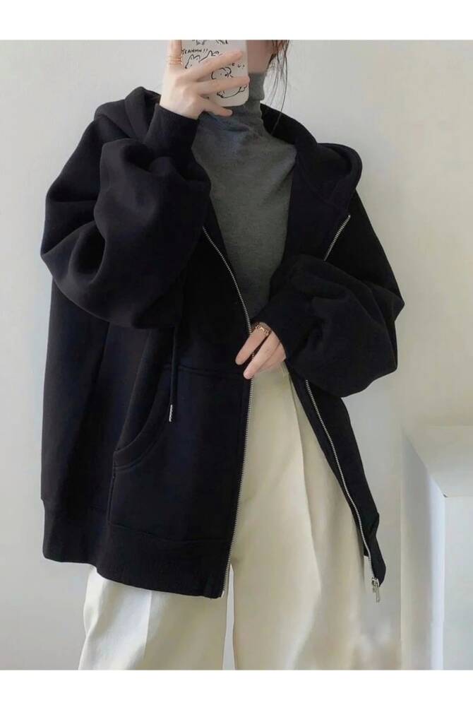 Streetwear Harajuku Oversize (unisex) Siyah Fermuarlı Kapüşonlu Ceket - 7