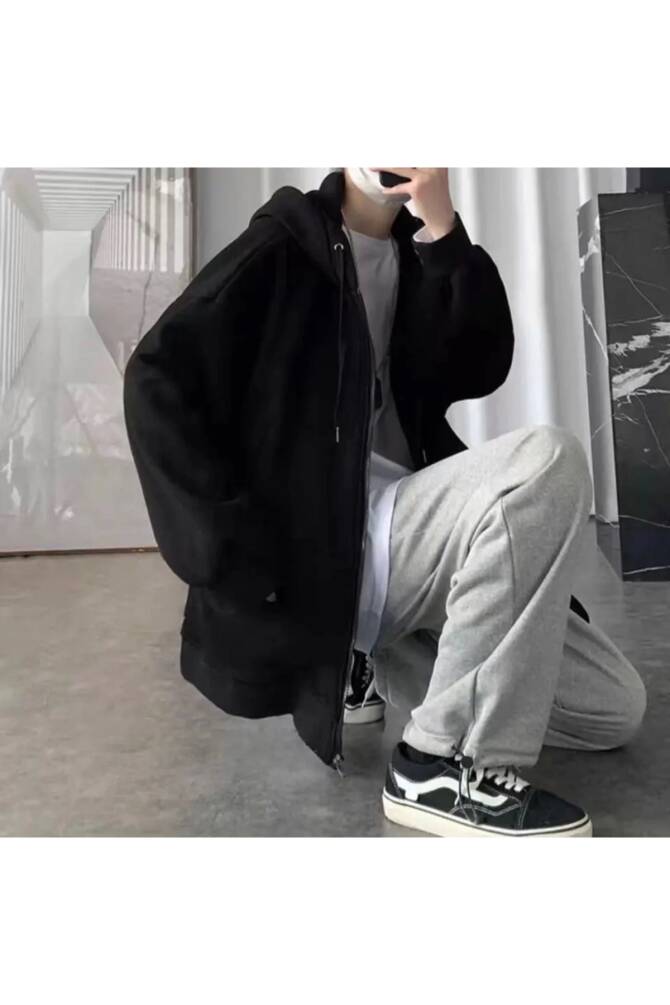 Streetwear Harajuku Oversize (unisex) Siyah Fermuarlı Kapüşonlu Ceket - 9