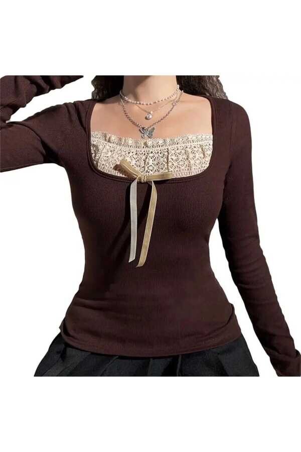 Vintage Dantelli Fiyonklu Kahverengi Uzun Kollu Bluz - 4