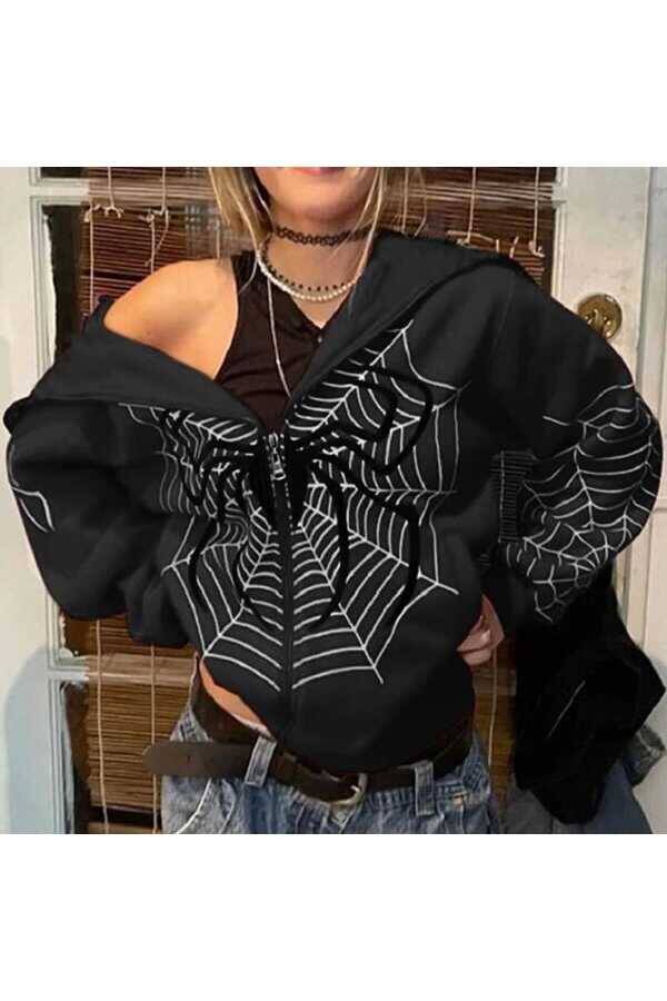 Y2K Allover Spider Fermuarlı Kapüşonlu - 9