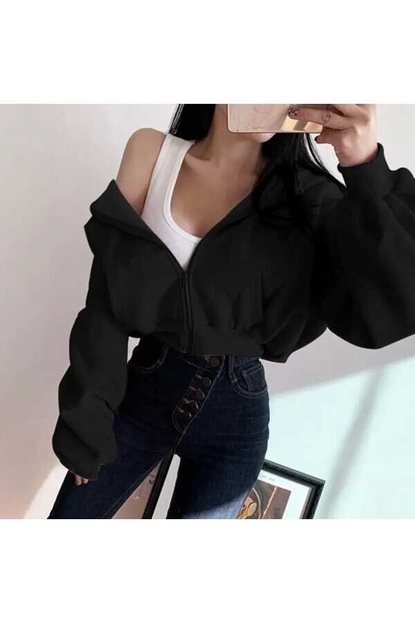 Y2K Fermuarlı Oversize Crop Kapüşonlu Ceket - 2