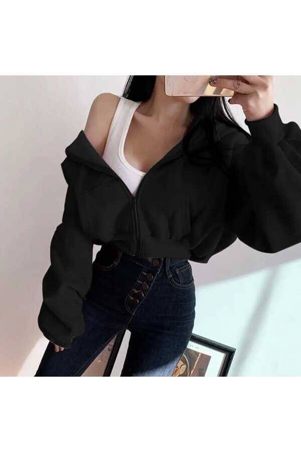 Y2K Fermuarlı Oversize Crop Kapüşonlu Ceket - 2