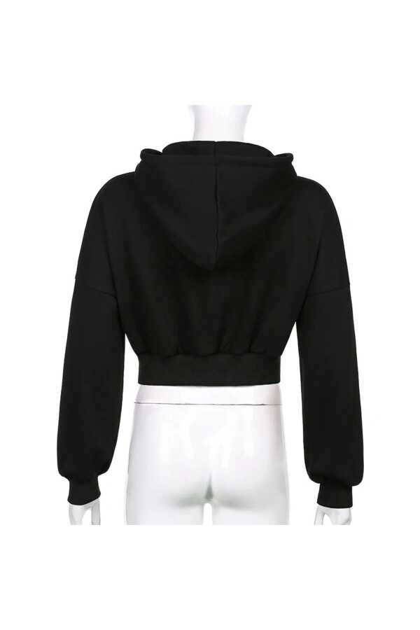 Y2K Fermuarlı Oversize Crop Kapüşonlu Ceket - 5