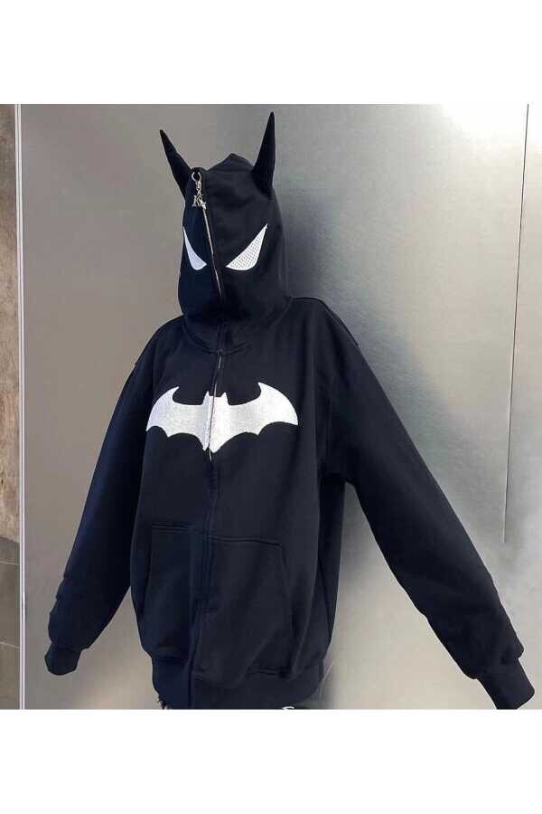 Y2K Gotik Harajuku Kulak Detay Fermuarlı Kapüşonlu Batman Sweatshirt (UNISEX) - 9