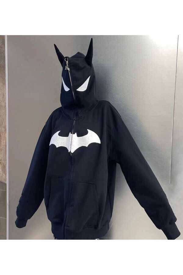 Y2K Gotik Harajuku Kulak Detay Fermuarlı Kapüşonlu Batman Sweatshirt (UNISEX) - 9