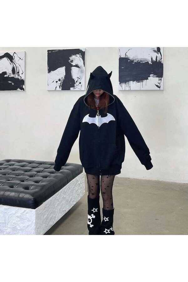 Y2K Gotik Harajuku Kulak Detay Fermuarlı Kapüşonlu Batman Sweatshirt (UNISEX) - 8