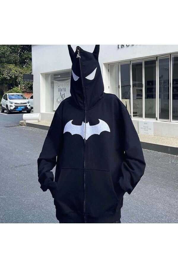 Y2K Gotik Harajuku Kulak Detay Fermuarlı Kapüşonlu Batman Sweatshirt (UNISEX) - 1