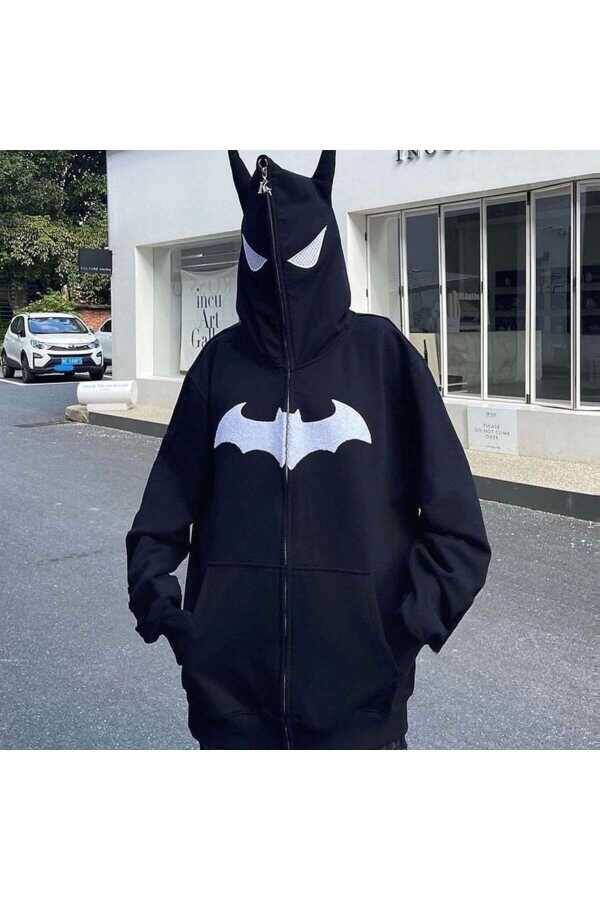 Y2K Gotik Harajuku Kulak Detay Fermuarlı Kapüşonlu Batman Sweatshirt (UNISEX) - 1