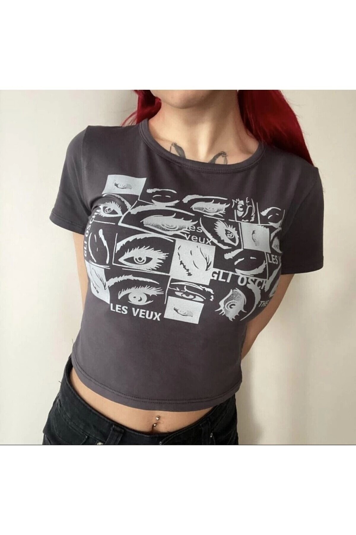 Y2K Harajuku Angry Eyes Kısa Kollu Crop Bluz - 2