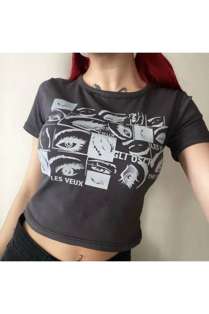 Y2K Harajuku Angry Eyes Kısa Kollu Crop Bluz - 1