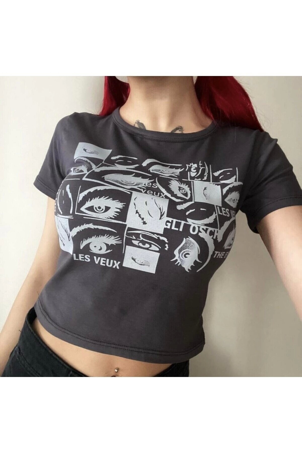 Y2K Harajuku Angry Eyes Kısa Kollu Crop Bluz - 3