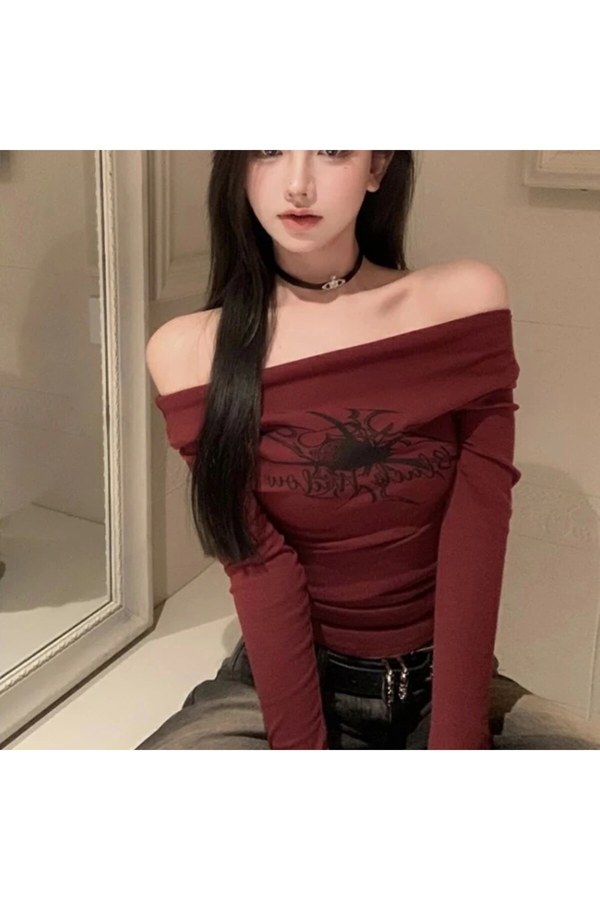 Y2K Harajuku Bordo Spider Omzu Açık Crop Bluz - 4