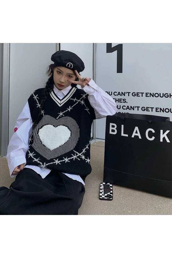 Y2K Harajuku Diken Kalp Desen Oversize Süveter - 1
