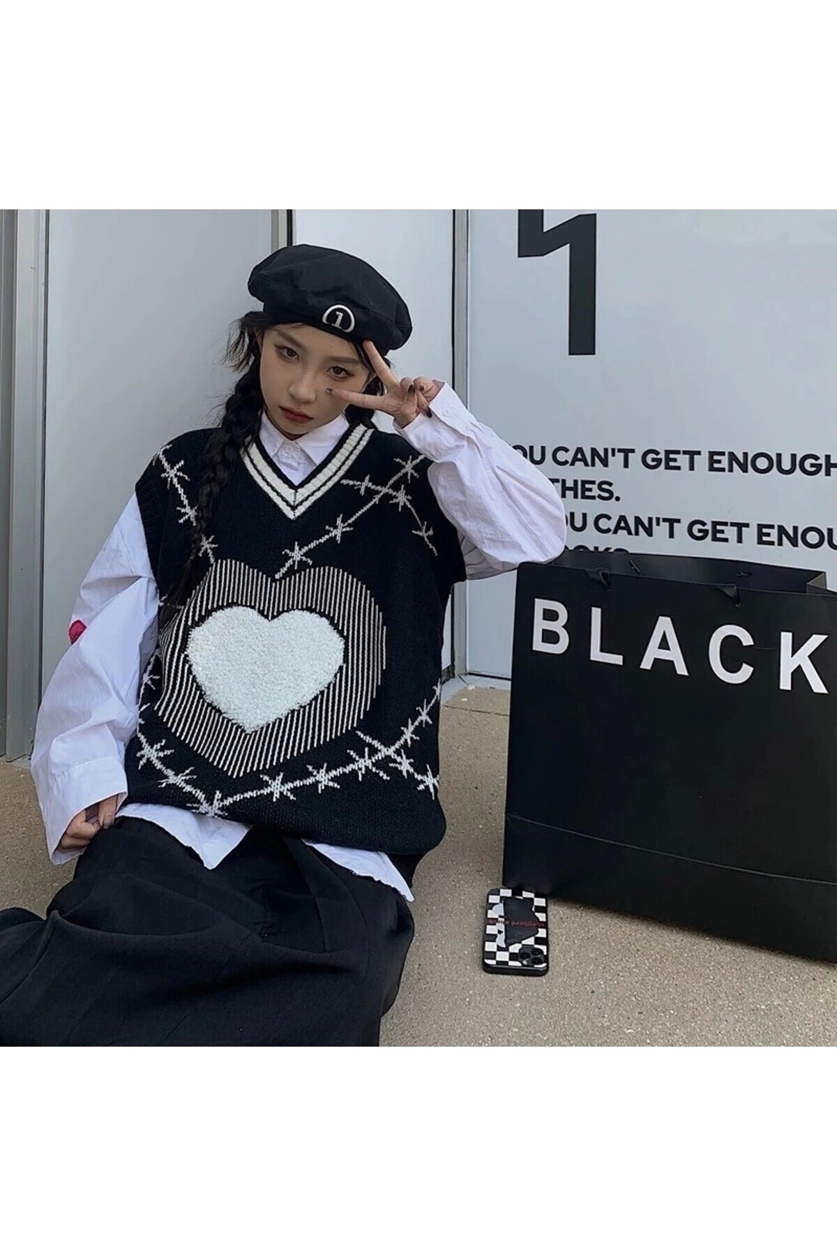 Y2K Harajuku Diken Kalp Desen Oversize Süveter - DarkellaStore