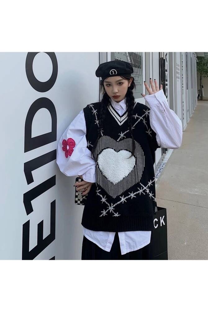 Y2K Harajuku Diken Kalp Desen Oversize Süveter - 2