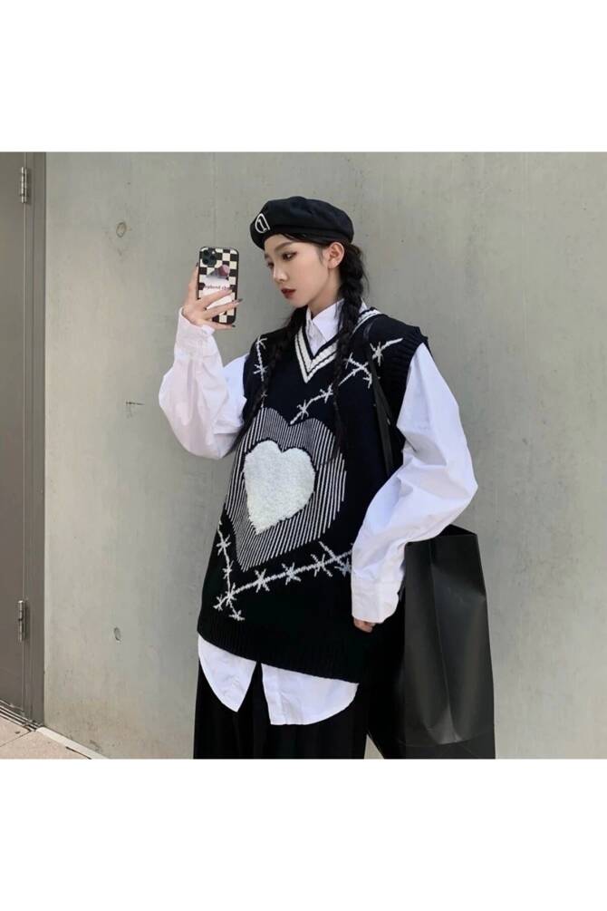 Y2K Harajuku Diken Kalp Desen Oversize Süveter - 4