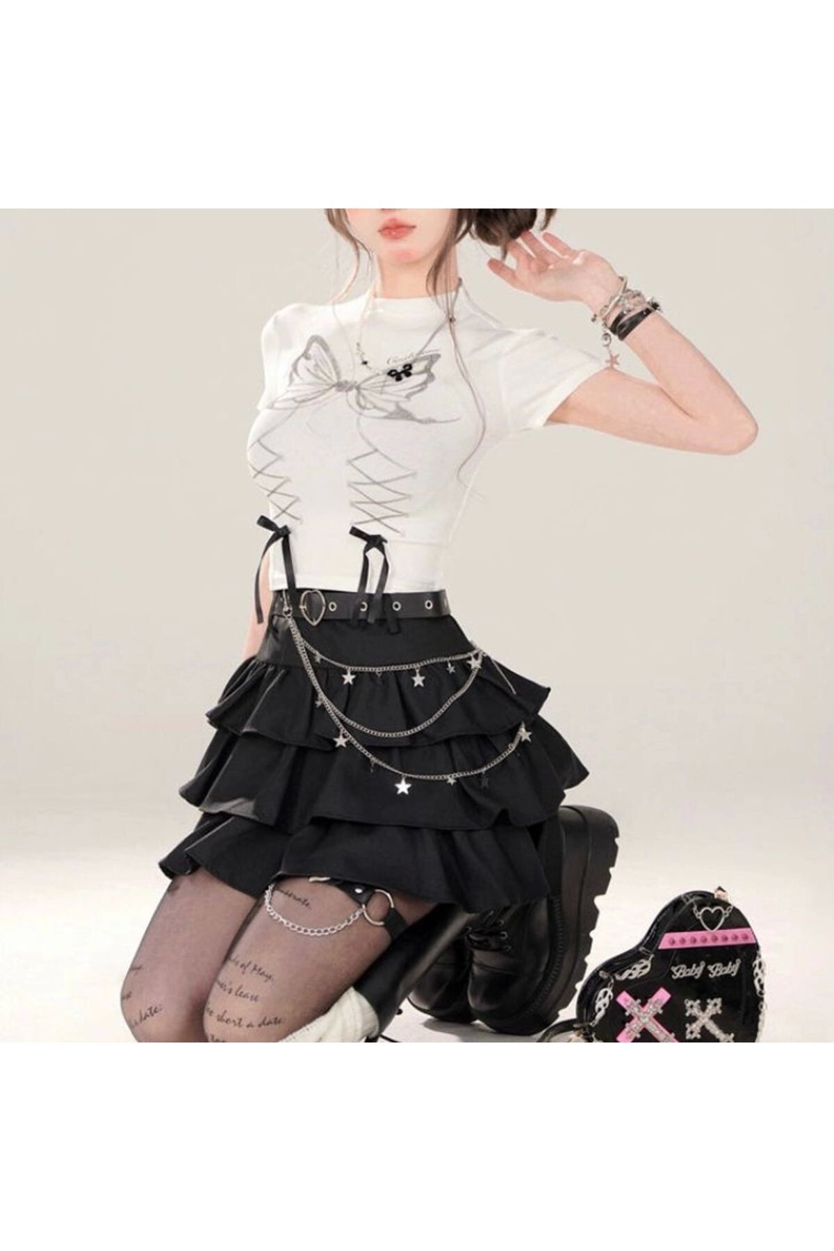 Y2K Harajuku Lolita Beyaz Fiyonklu Kelebekli Kısa Kollu Crop - 7