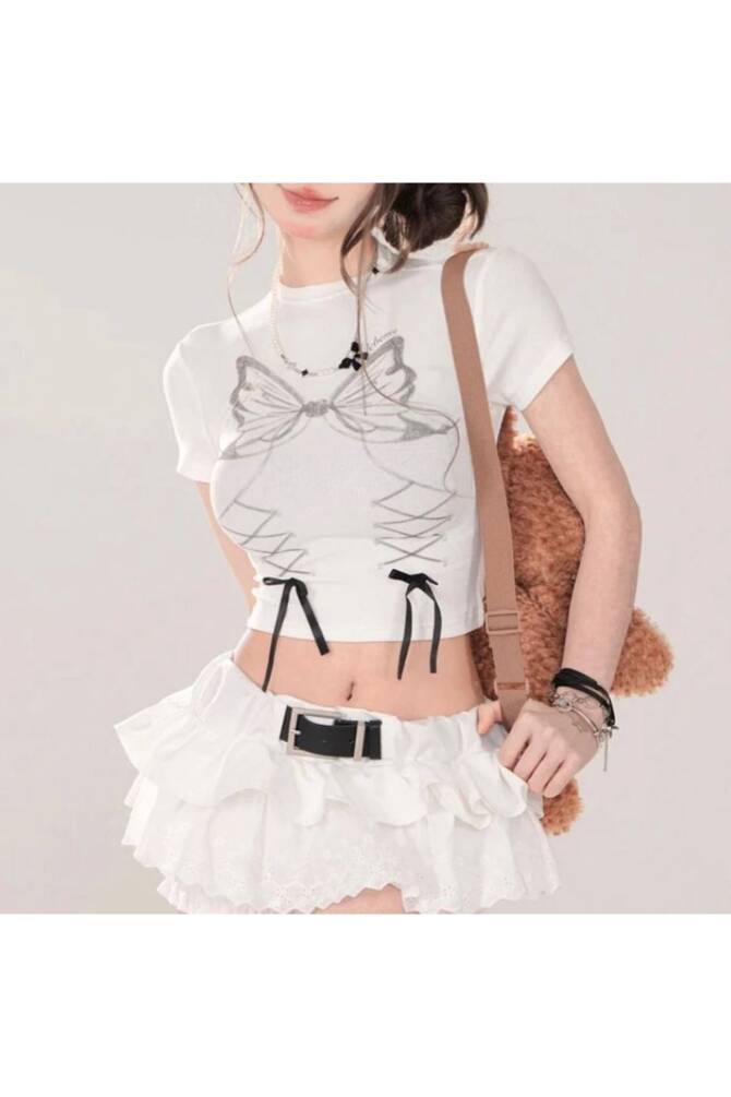 Y2K Harajuku Lolita Beyaz Fiyonklu Kelebekli Kısa Kollu Crop - 20