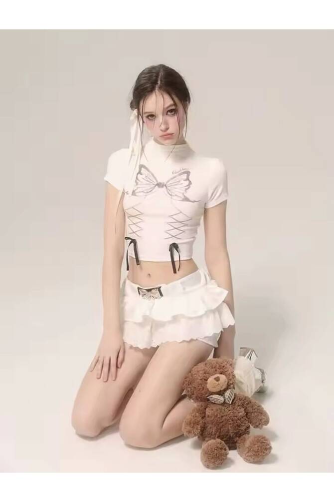 Y2K Harajuku Lolita Beyaz Fiyonklu Kelebekli Kısa Kollu Crop - 21