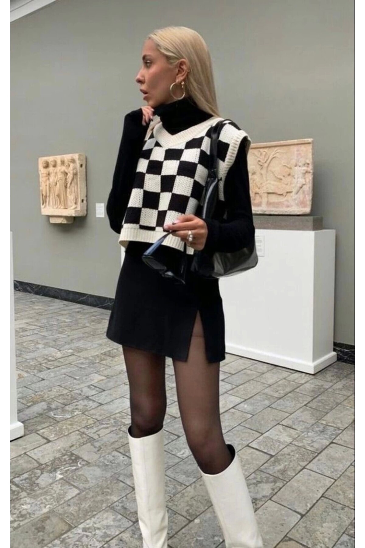 Y2K Harajuku Siyah Beyaz Damalı Oversize Süveter (UNISEX) - DarkellaStore