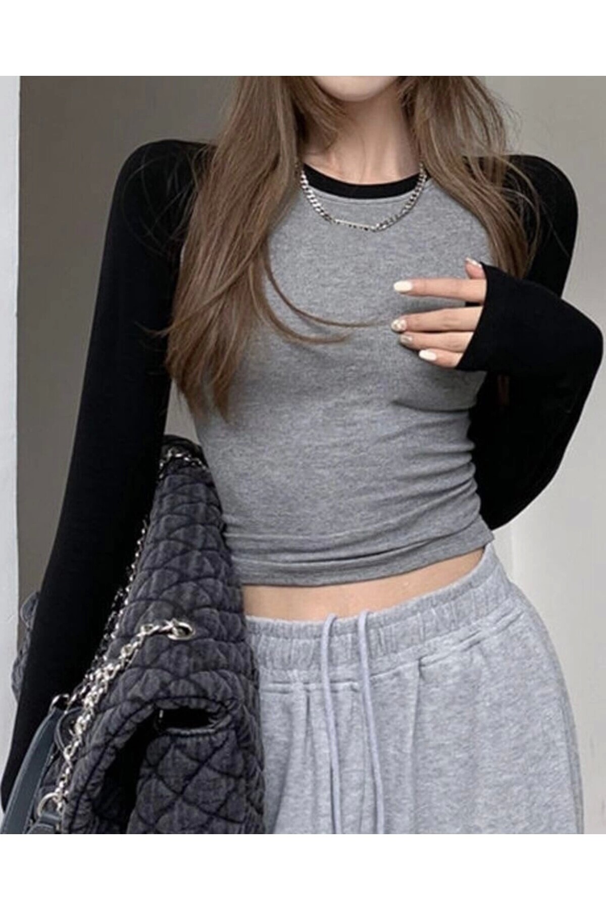 Y2K Harajuku Siyah Raglan Kollu Gri Crop T-Shirt - DarkellaStore